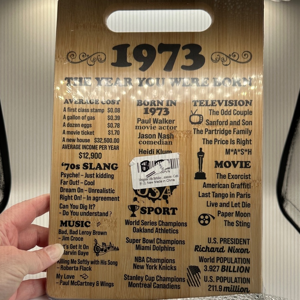 1973 Bamboo Wood Cutting Board with Vintage Print